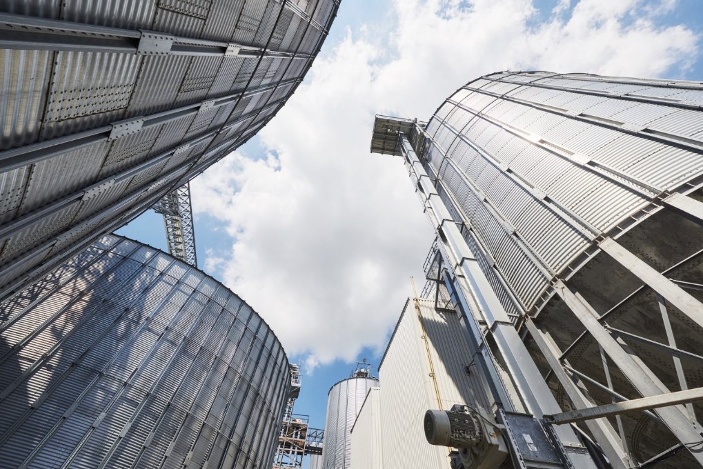 Grain silos seen from below